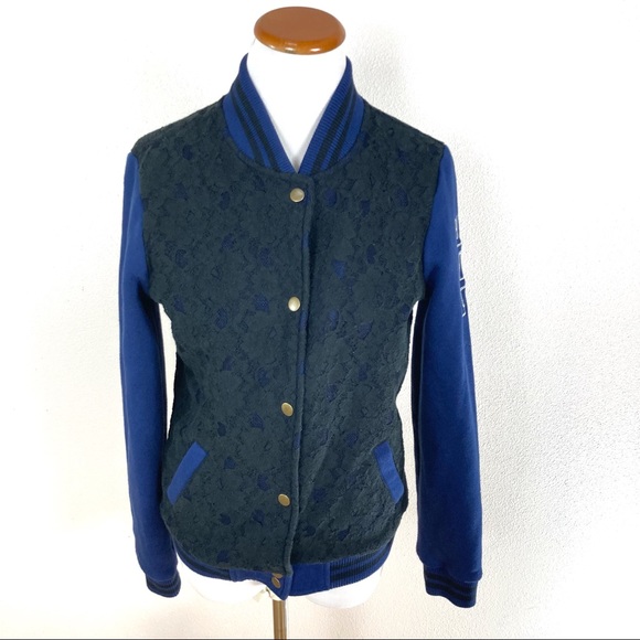 PINK Victoria's Secret Varsity Jacket‎ Black Lace Navy Blue Women’s Sz XS - Picture 1 of 7